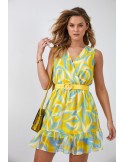 Light patterned dress with a belt, blue and yellow 03040 - Online store - Boutique